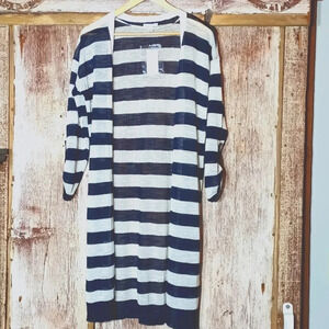 3/$25 Nautical blue white striped open knit cardigan lightweight semi sheer M